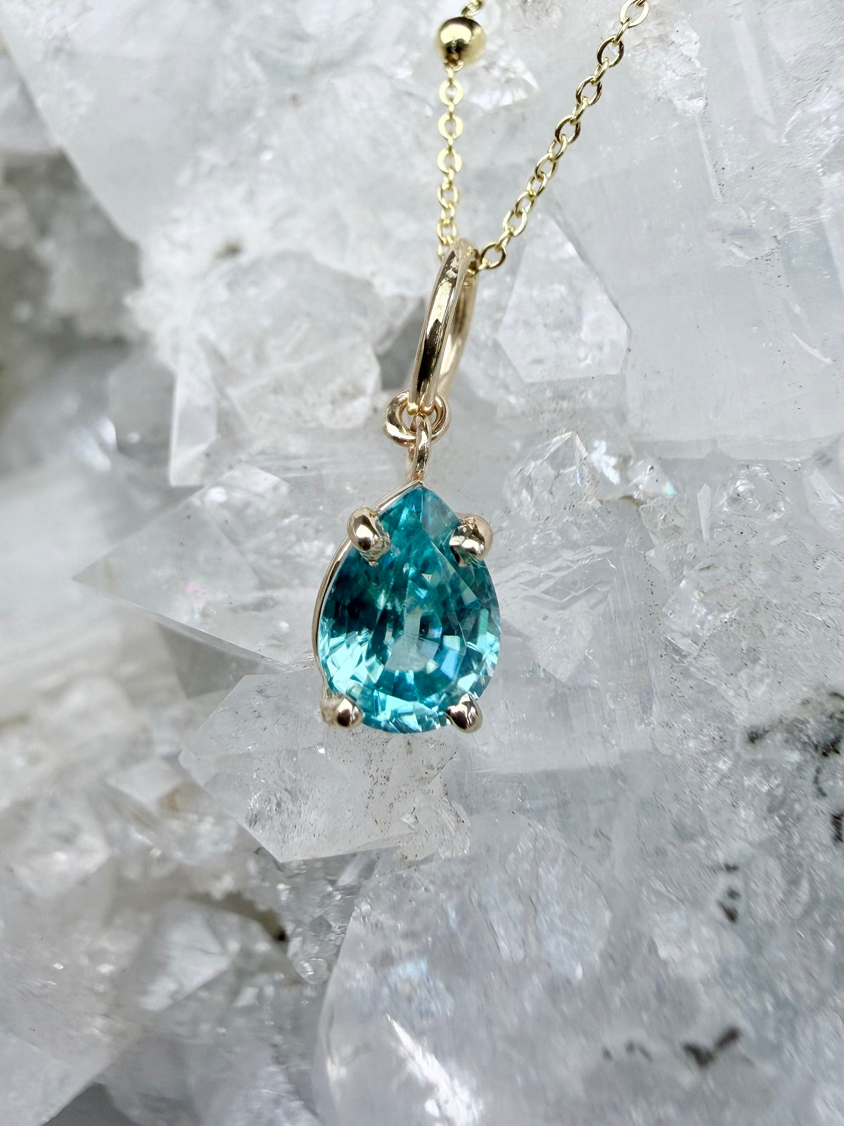 Blue Zircon Raindrop Mini Pendant | 14k Yellow Gold