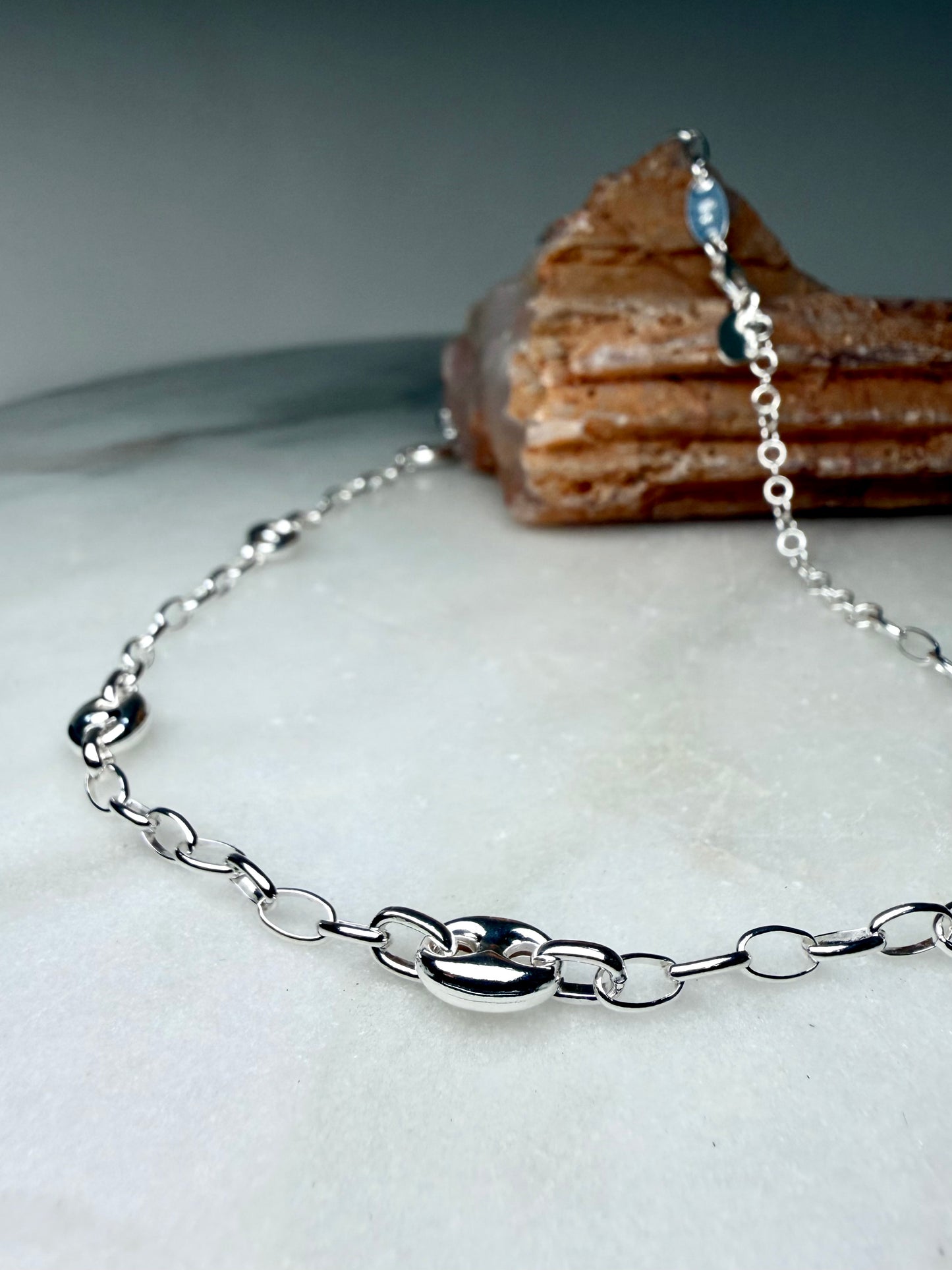 Chain with Puffed Anchor Link Stations | Sterling Silver