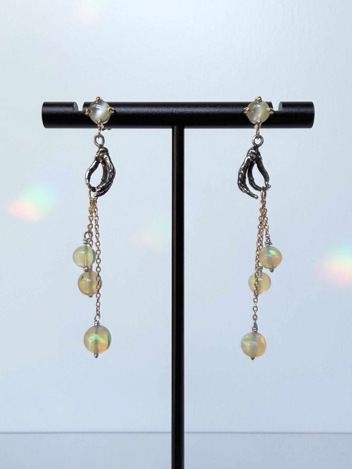 Handiwork Opal & Chrysoberyl Earrings | Two Tone Blackened Silver and 14k Yellow Gold