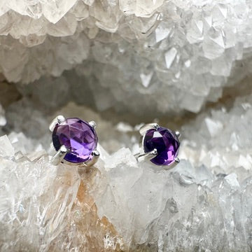 Rose Cut Amethyst Stud Earrings | Sterling Silver