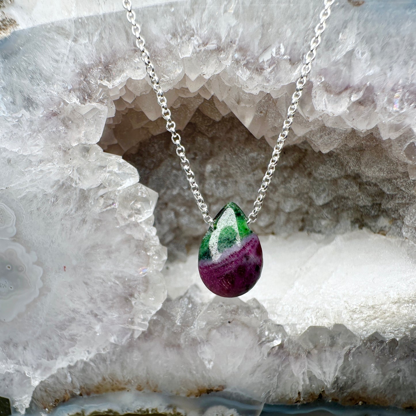 Ruby Zoisite Floating Necklace | Sterling Silver
