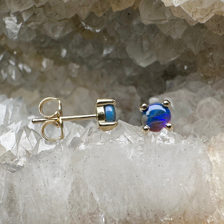 Black Opal Stud Earrings | 14k Yellow Gold