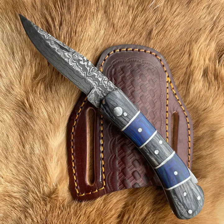 Damascus Steel Knife with Grey and Blue Wood Handle