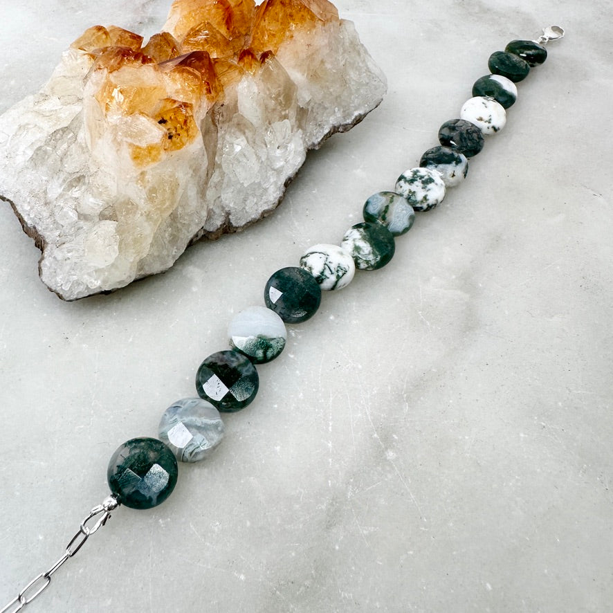 Moss Agate Beaded Bracelet | Sterling Silver