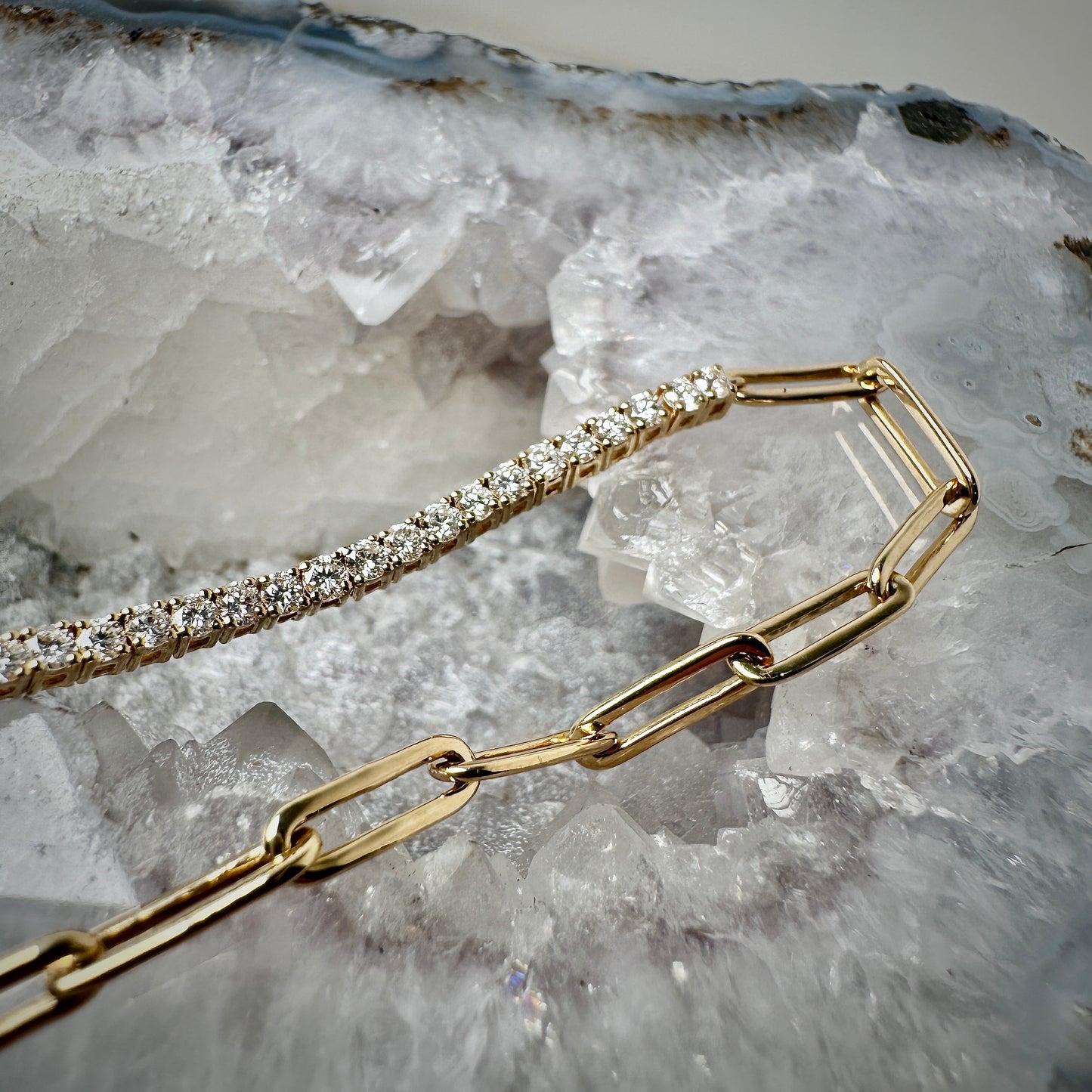 Half Tennis Half Paperclip Chain Bracelet | 14k Yellow Gold