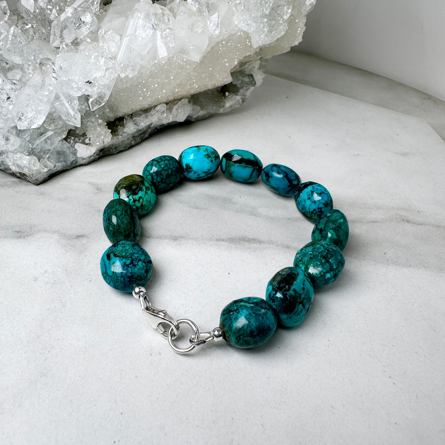 Chunky Turquoise Beaded Bracelet | Sterling Silver