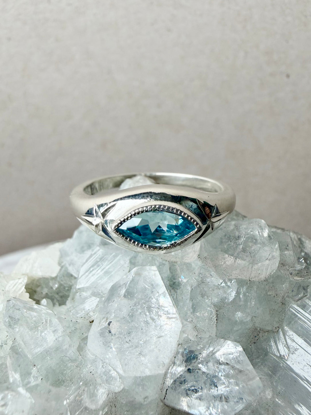Blue Zircon Marquise Signet Ring | Sterling Silver