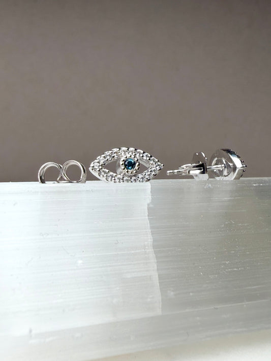 Evil Eye Studs with London Blue Topaz | 14k White Gold