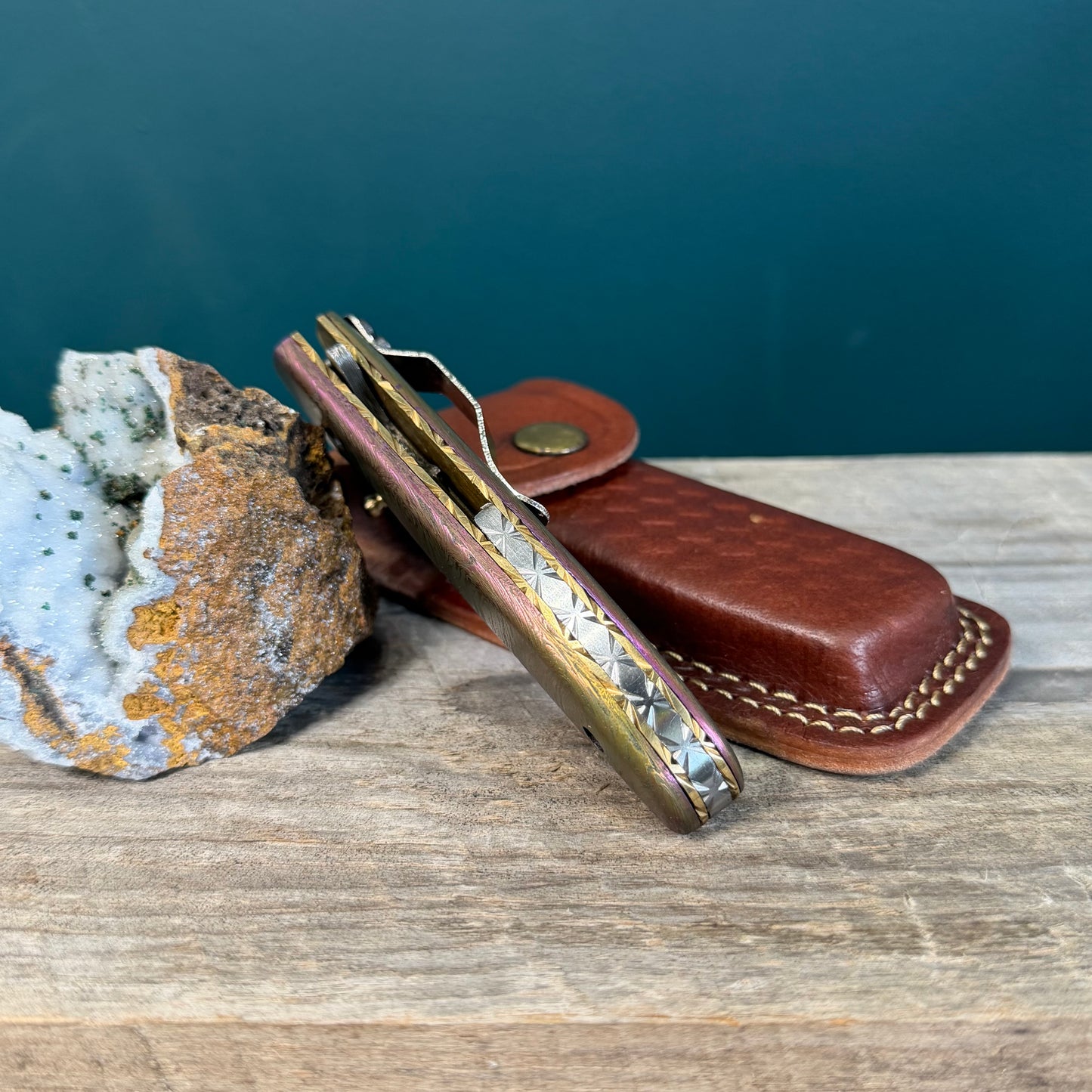 Full Damascus Steel Utility Knife with Anodized Rainbow Handle