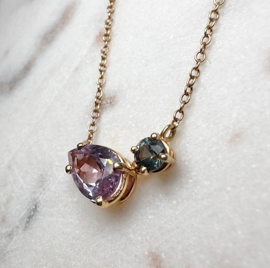 Spinel and Montana Sapphire Toi et Moi Pendant in 14k Yellow Gold