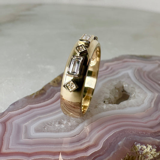 Wide Band Baguette Diamond Ring | 14k Yellow Gold