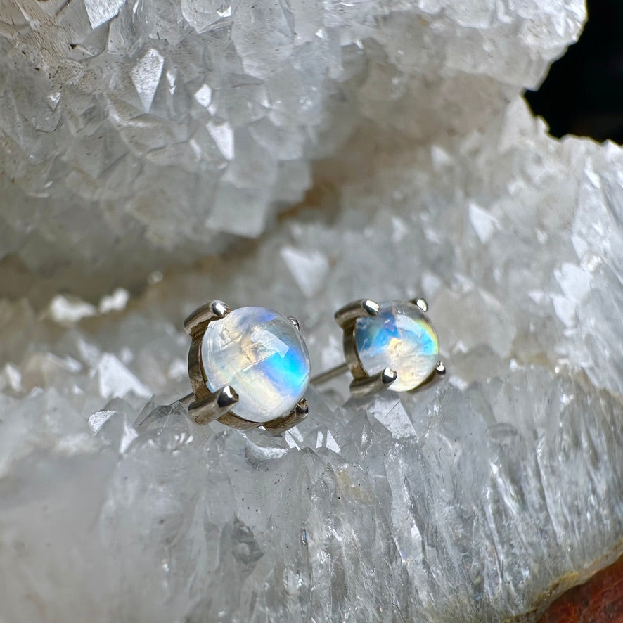 Rainbow Moonstone Stud Earrings | Sterling Silver