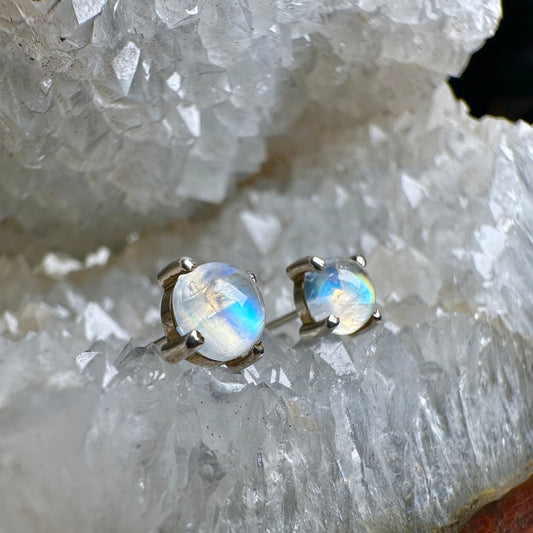 Rainbow Moonstone Stud Earrings | Sterling Silver