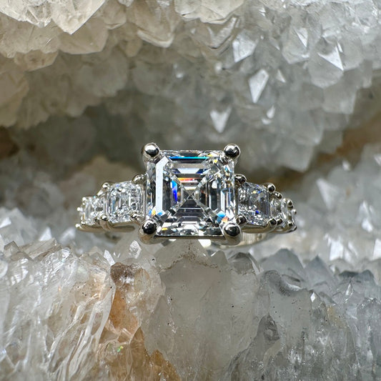 Art Deco Inspired Asscher Diamond Engagement Ring | 14k White Gold