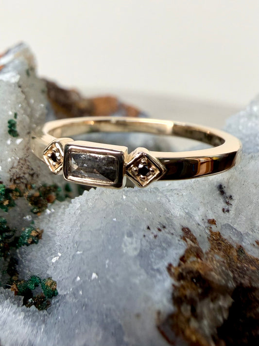 Art Deco Inspired Salt & Pepper Diamond Stacking Ring | 14k Yellow Gold