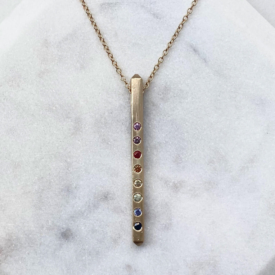 Rainbow Sapphire Bar Pendant in 14k Gold