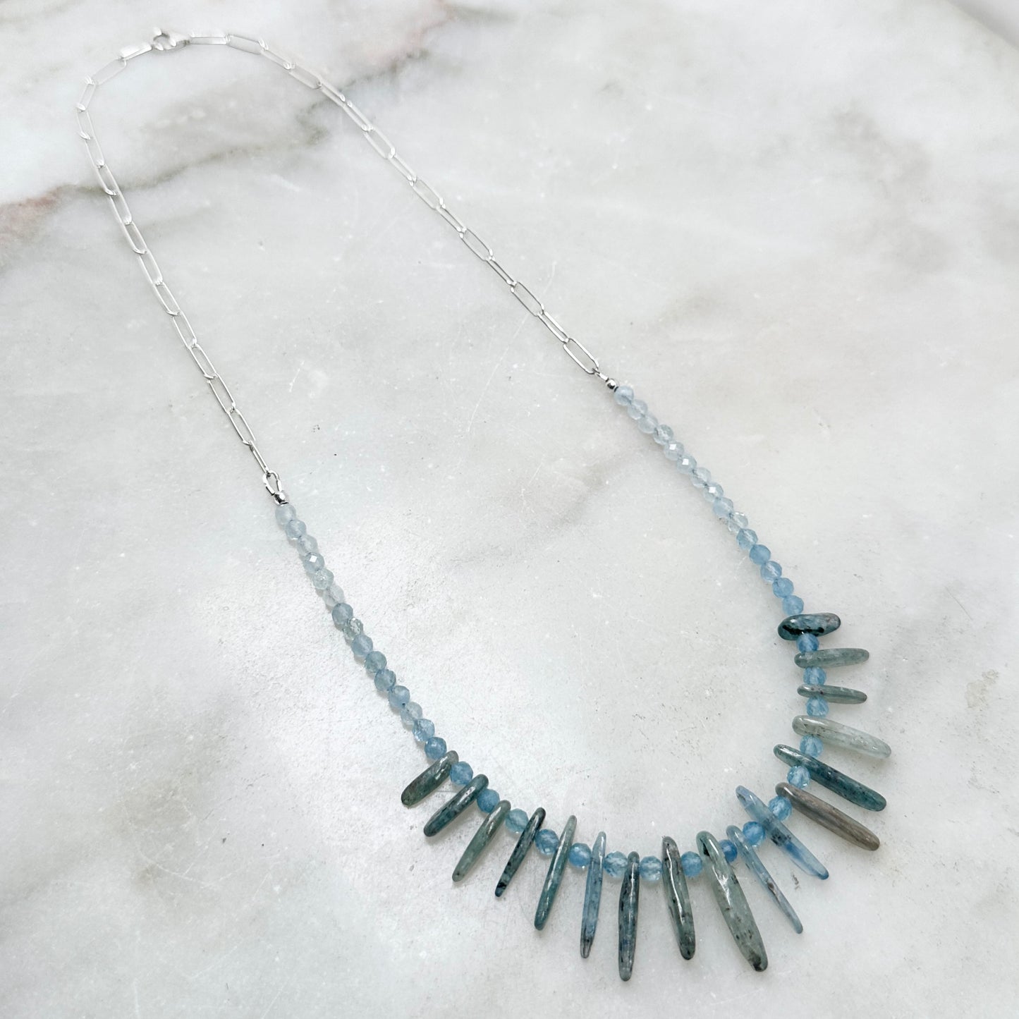 Aquamarine and Kyanite Beaded Necklace | Sterling Silver