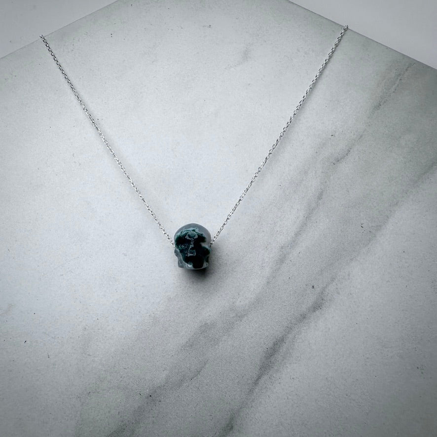 Moss Agate Carved Skull Floating Necklace | Sterling Silver