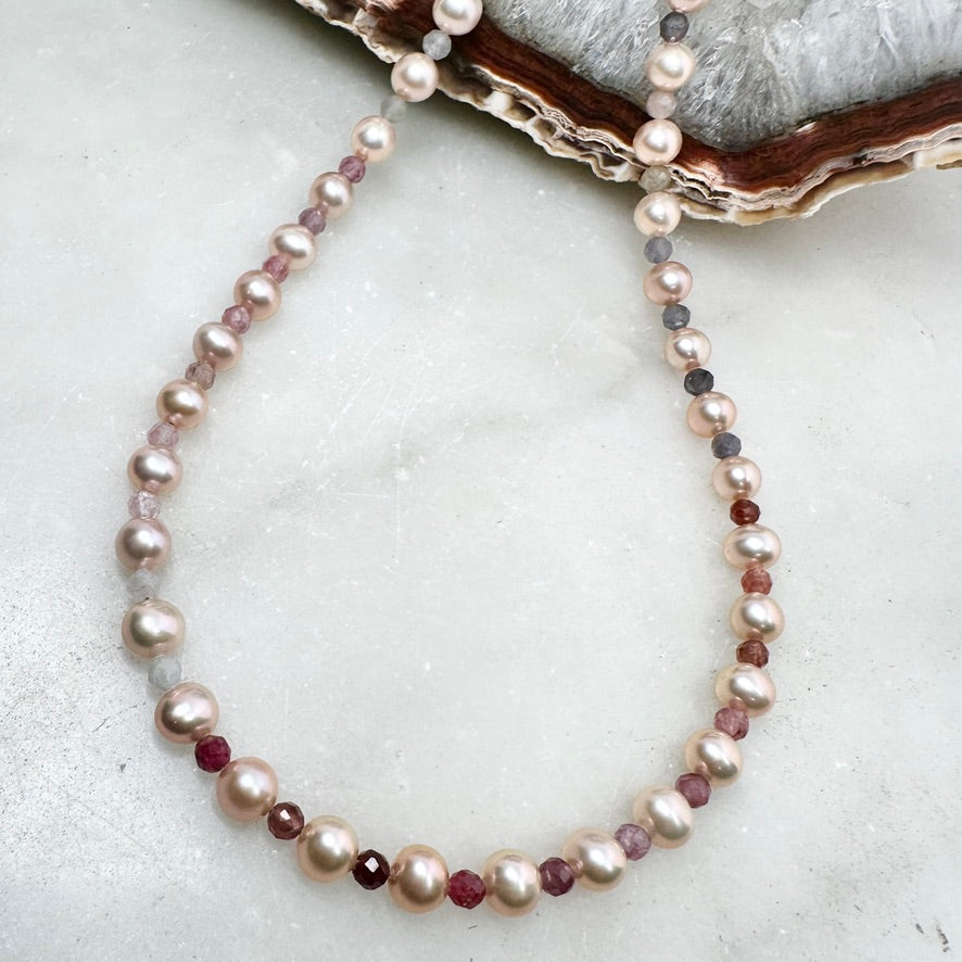 Pink Pearl & Multicolor Spinel Beaded Necklace | Sterling Silver