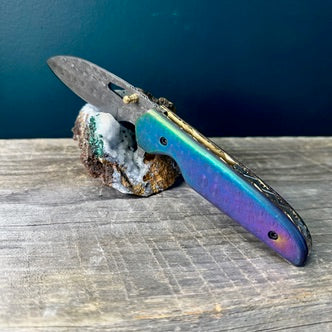 Full Damascus Steel Utility Knife with Anodized Rainbow Handle