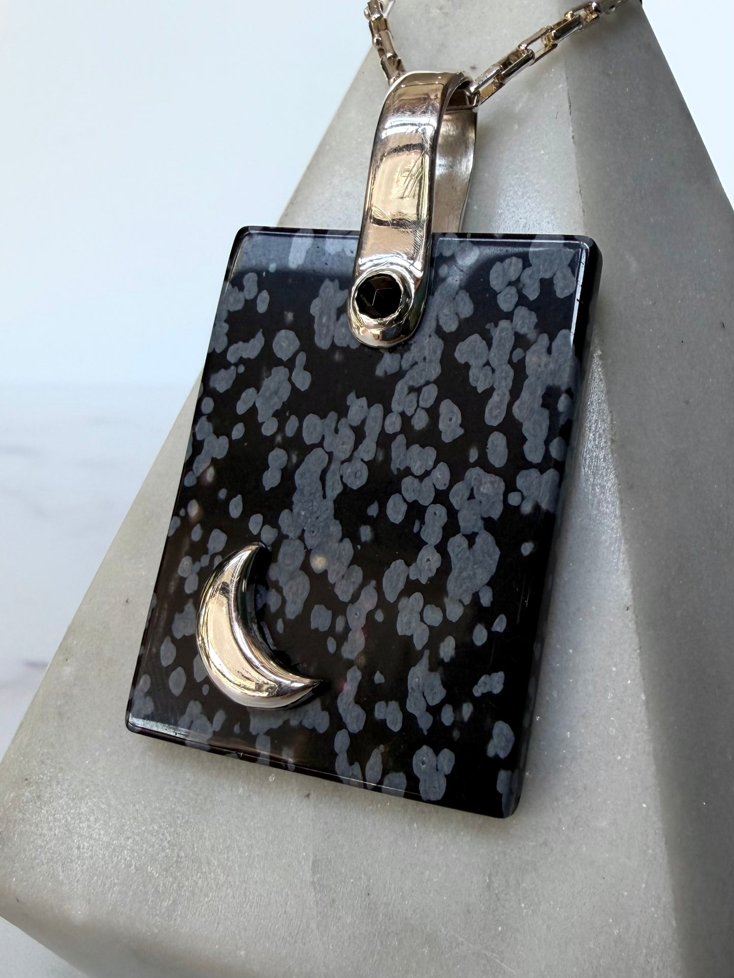 Black Spinel & Snowflake Obsidian Pendant | Sterling Silver