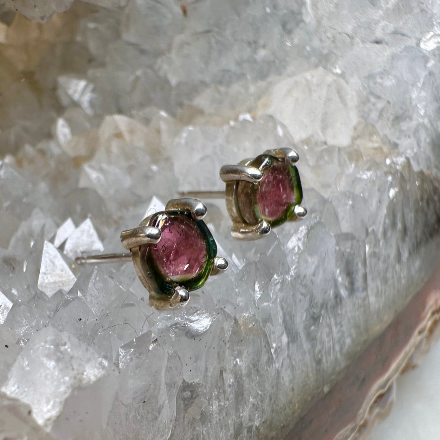 Watermelon Tourmaline Slice Stud Earrings | Sterling Silver