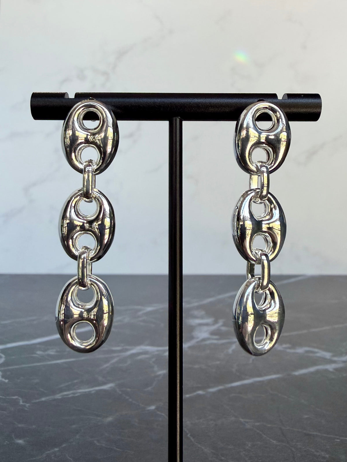 Puffed Anchor Three Link Earrings | Sterling Silver