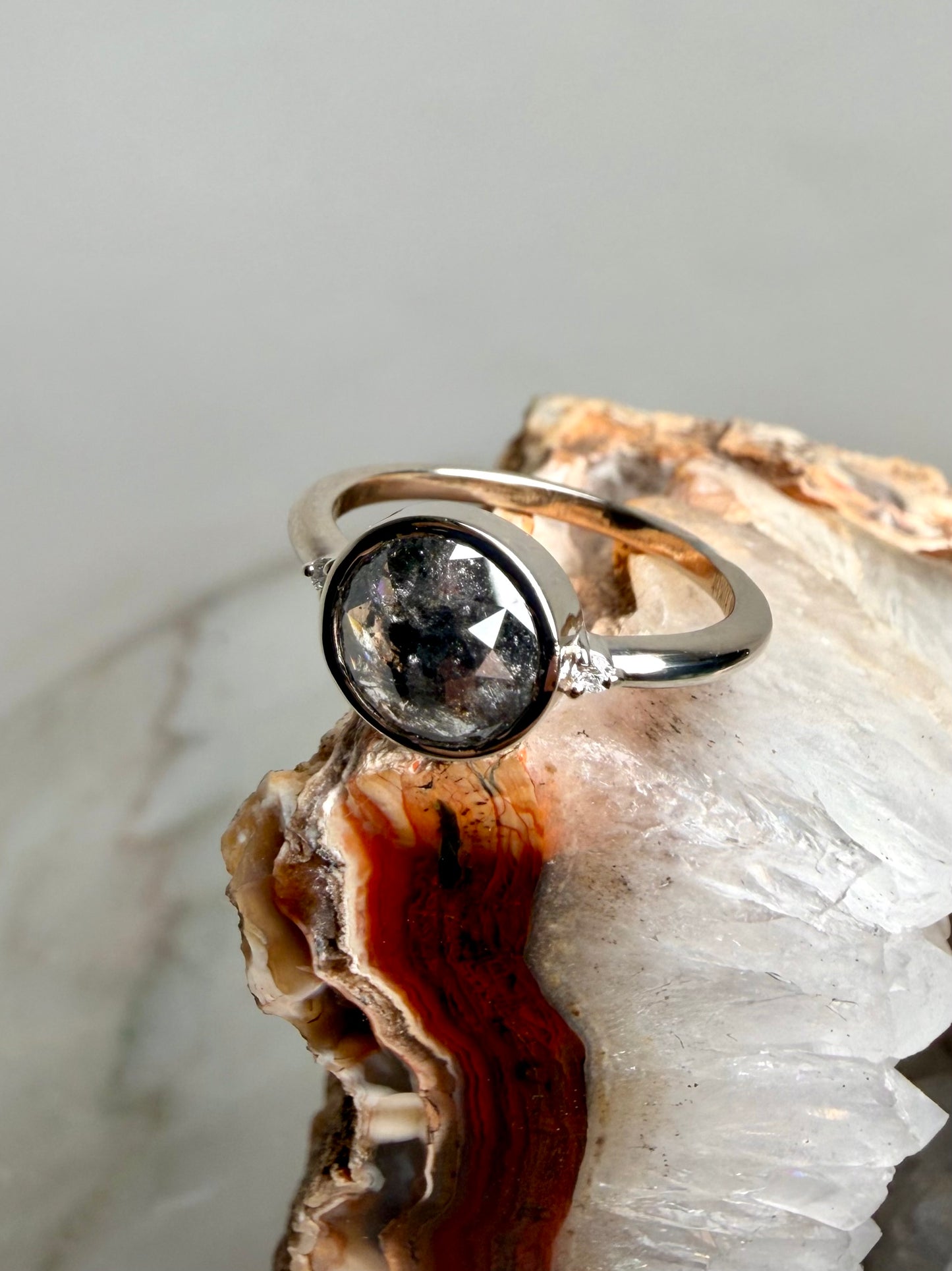 Salt & Pepper Diamond Rose Cut Ring | 14k White Gold