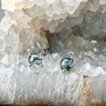 Moss Agate Stud Earrings | Sterling Silver