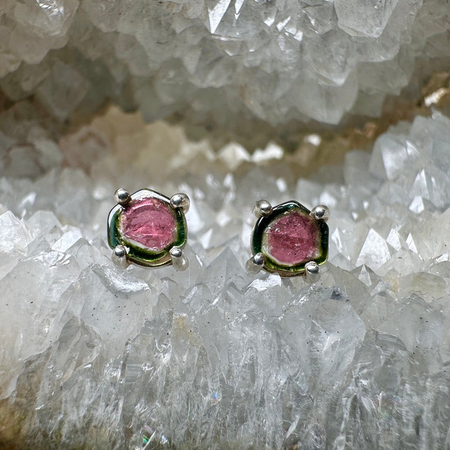 Watermelon Tourmaline Slice Stud Earrings | Sterling Silver