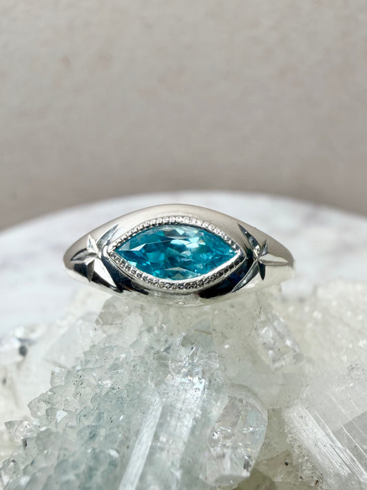 Blue Zircon Marquise Signet Ring | Sterling Silver