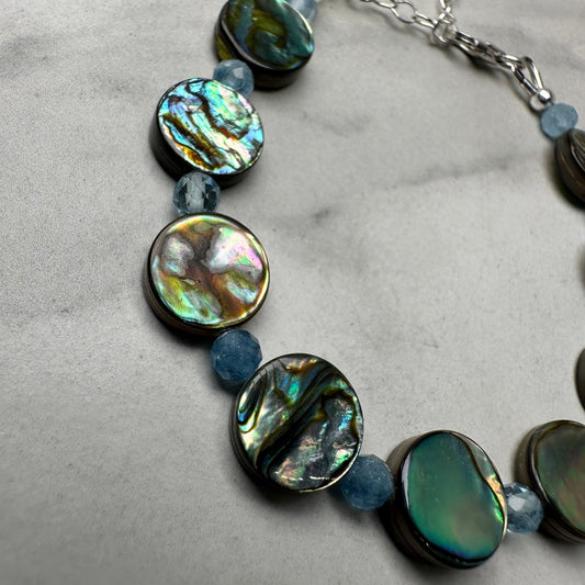 Abalone and Aquamarine Beaded Bracelet | Adjustable | Sterling Silver