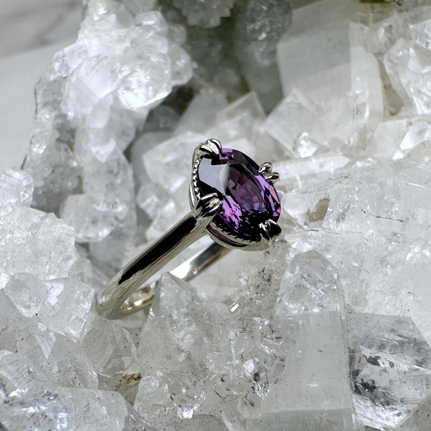 Antique-Inspired Purple Spinel Solitaire Ring | 14k White Gold
