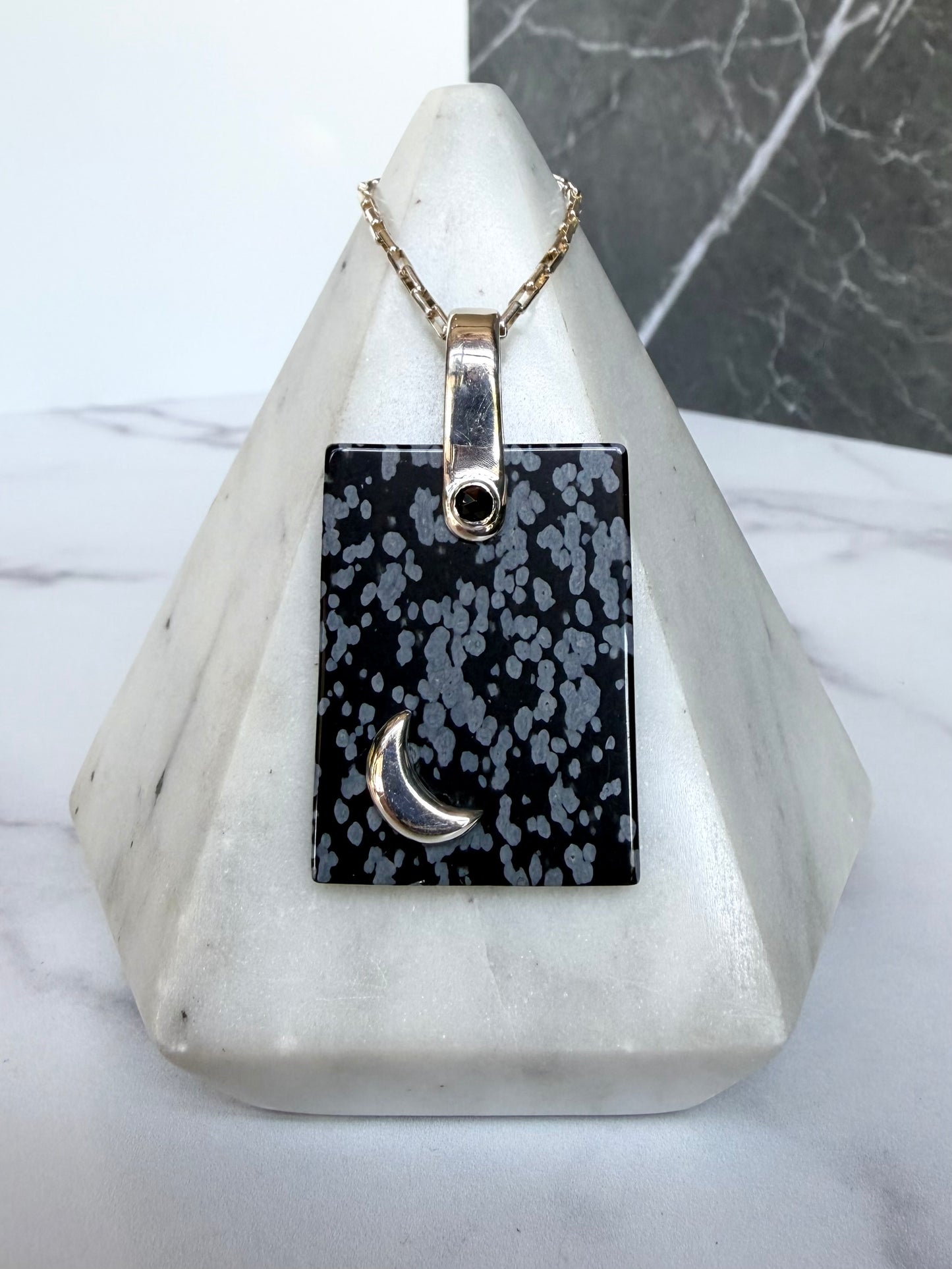 Black Spinel & Snowflake Obsidian Pendant | Sterling Silver