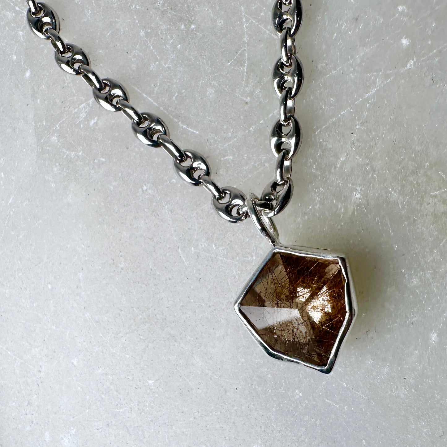 Geometric Rutile Quartz Charm Pendant | Sterling Silver