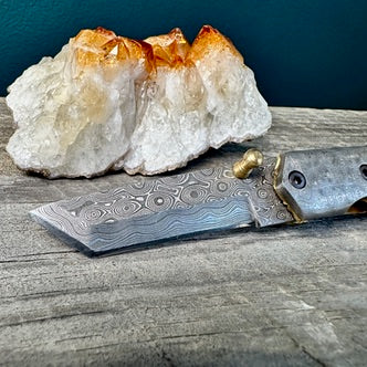 Damascus Steel Pocket Knife with Navy Blue Micarta Handle