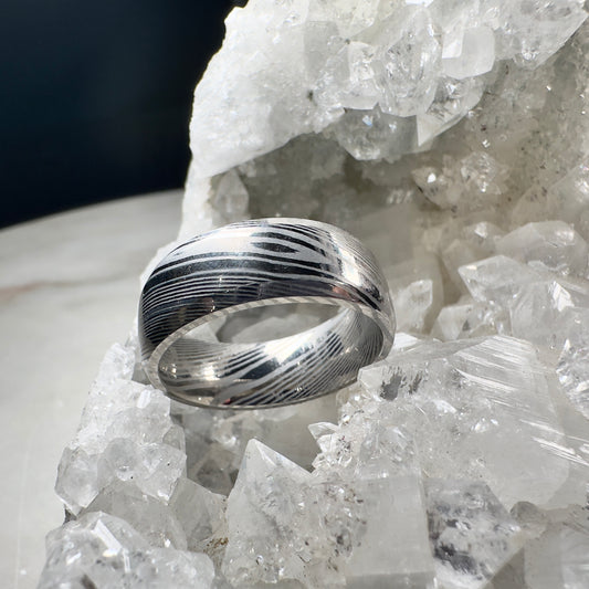 Polished Damascus Steel Ring with Beveled Profile