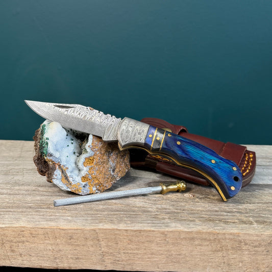 Blue & Black Wood Folding Knife with Leather Sheath