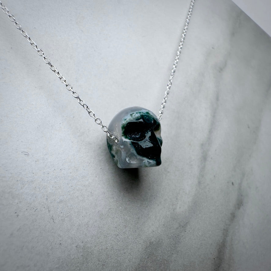 Moss Agate Carved Skull Floating Necklace | Sterling Silver