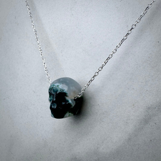 Moss Agate Carved Skull Floating Necklace | Sterling Silver