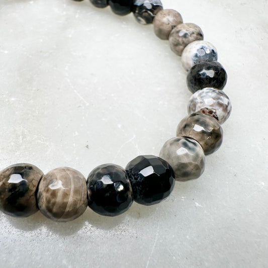 Black Banded Agate Beaded Bracelet | Sterling Silver