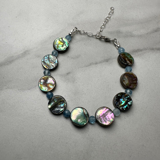 Abalone and Aquamarine Beaded Bracelet | Adjustable | Sterling Silver