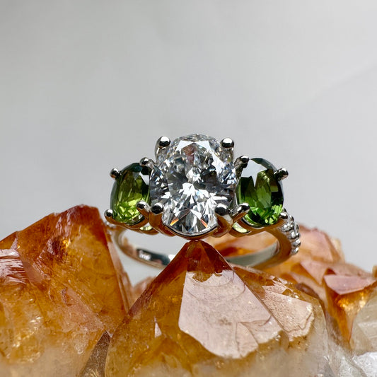 Green Sapphire & Oval Diamond Trilogy Ring | 14k White Gold