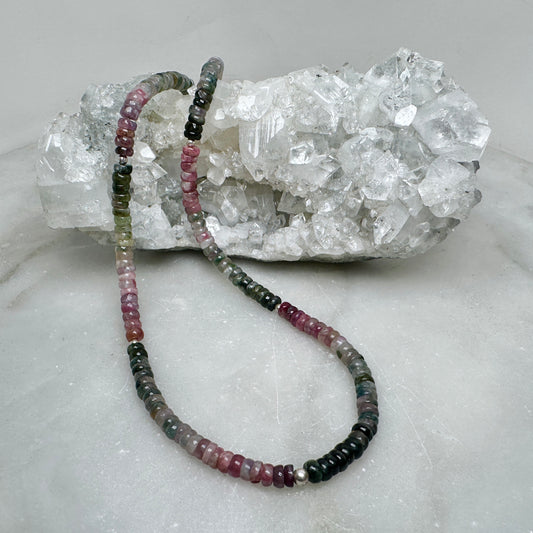 Watermelon Tourmaline Beaded Necklace | Sterling Silver