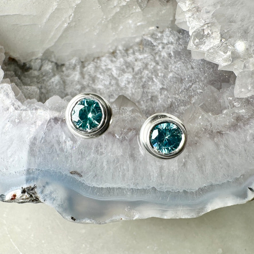 Bezel Set Blue Zircon Stud Earrings | Sterling Silver