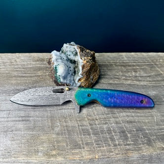 Full Damascus Steel Utility Knife with Anodized Rainbow Handle