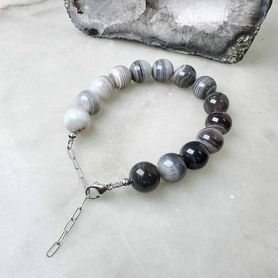 Botswana Agate Beaded Bracelet | Sterling Silver