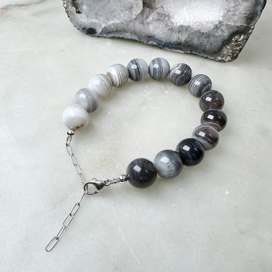 Botswana Agate Beaded Bracelet | Sterling Silver