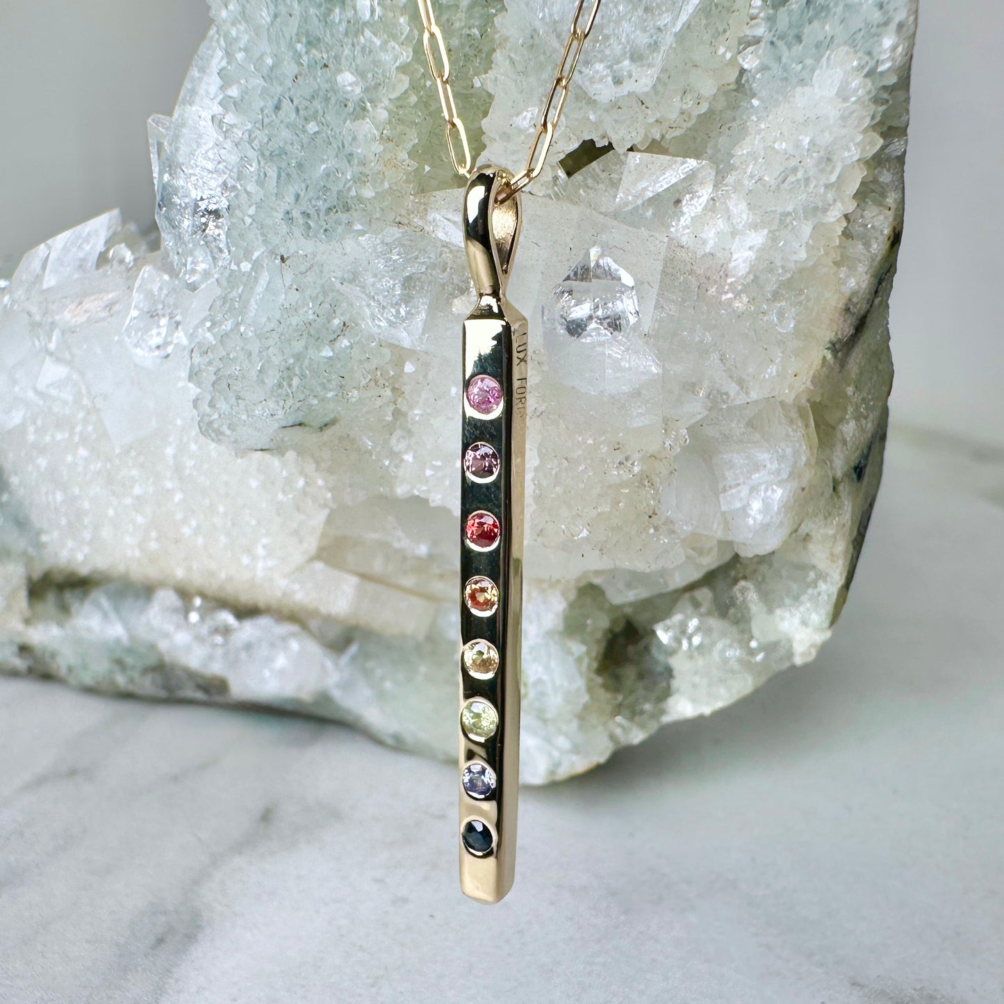 Rainbow Sapphire Bar Charm Pendant | 14k Yellow Gold
