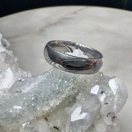 Polished Damascus Steel Ring with Half Round Profile